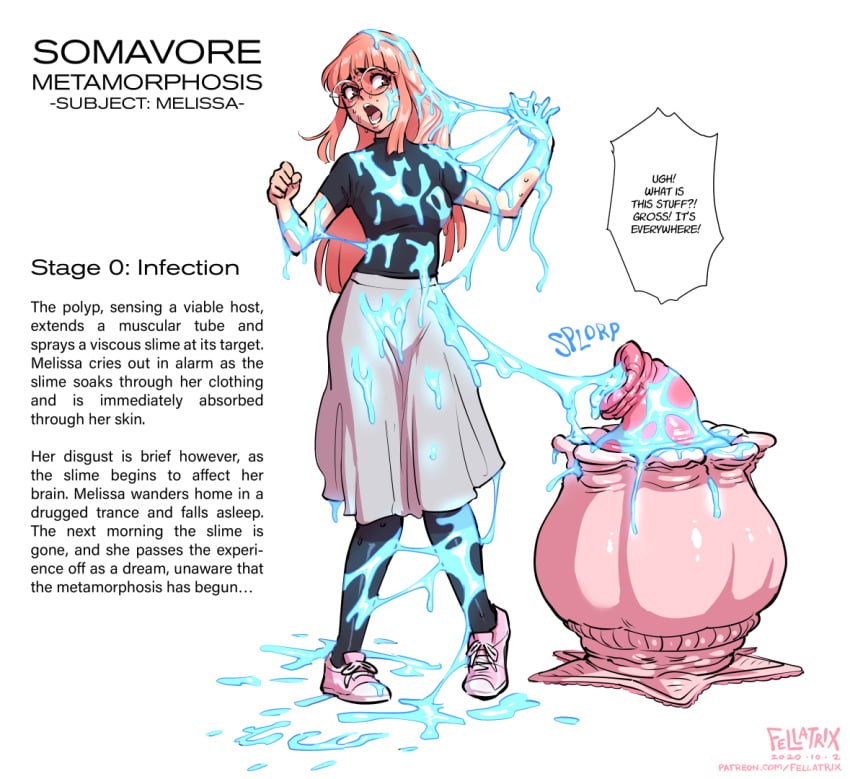 1girls bimbo bimbofication clothed clothing covered_in_slime english_text eyewear fellatrix female female_only glasses goo long_hair pink_hair shoes skirt slime sneakers solo solo_female text