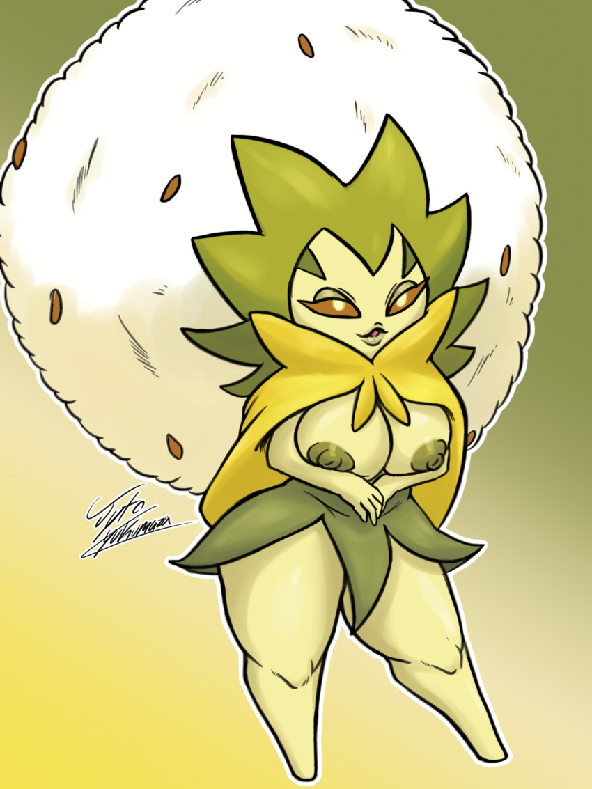 1girls anthro anthrofied areolae big_hair big_nipples breasts cleavage cloak eldegoss female female_only flora_fauna front_view gradient_background green_nipples green_skin highres huge_breasts jyto leaf_skirt nintendo nipples orange_eyes parted_lips pokemon pokemon_ss pokemorph signature skirt solo standing thick_thighs topless voluptuous white_hair