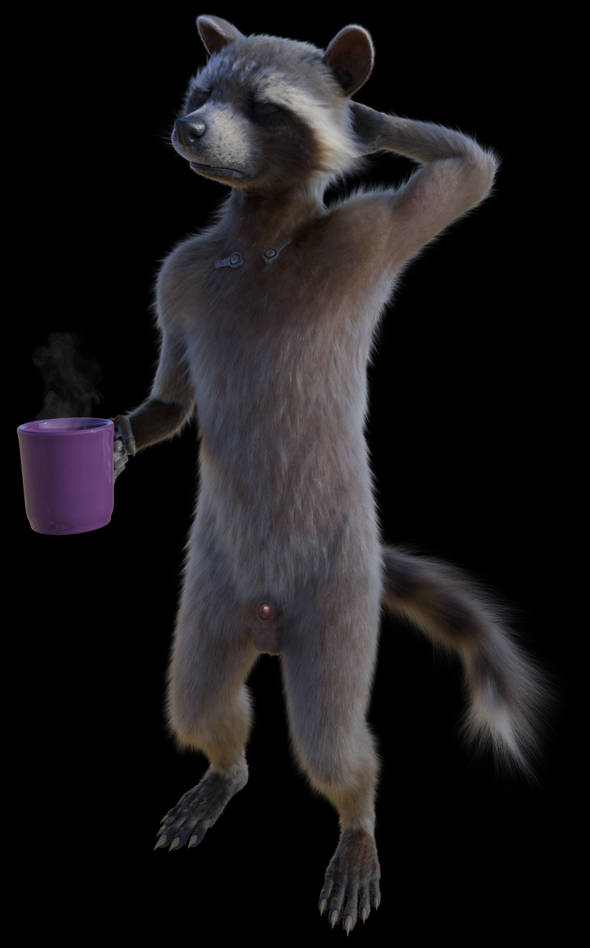 3d absurd_res anthro balls black_background brown_body brown_fur claws closed_eyes coffee_mug disney facial_markings front_view fur genitals groggy guardians_of_the_galaxy head_markings hi_res holding_object male male_only mammal markings marvel mask_(marking) nude penis procyonid raccoon retracted_sheath rocket_raccoon rockyrcoon scratching_head simple_background solo standing tired white_muzzle