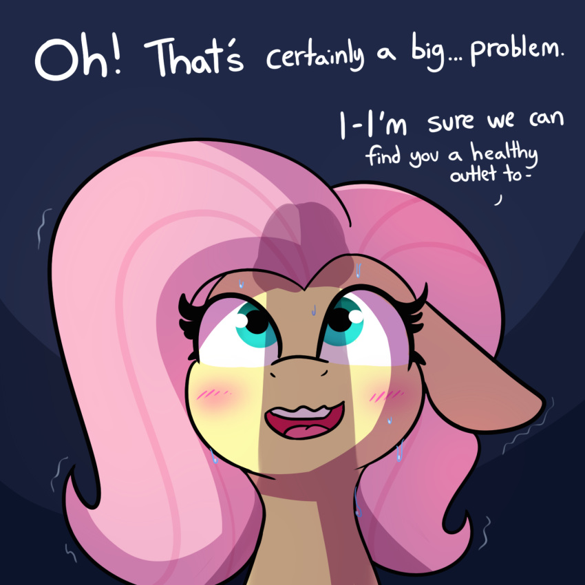 1:1 blush bodily_fluids dialogue english_text equid equine faceless_male female feral fluttershy_(mlp) friendship_is_magic hair hasbro hi_res male mammal my_little_pony penis_shadow pink_hair simple_background sweat text tjpones yellow_body