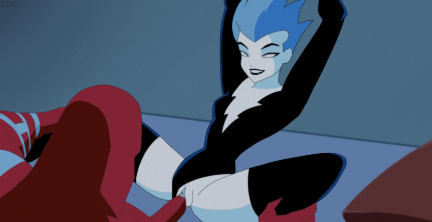 1boy 1girls animated animated_gif arms_up bald black_legwear black_leotard black_lipstick blue_hair blue_skin breasts dc dc_comics dcau hands_on_legs legwear leotard livewire parasite parasite_(dc) penis pussy red_skin sex small_breasts smile straight superman:_the_animated_series superman_(series) unseen_male_face vagina vaginal_insertion vaginal_penetration vaginal_sex xeroshadows