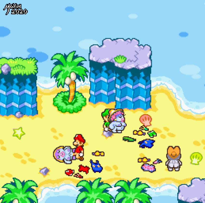 animated ass beach fish gif gwarhar_lagoon_residents luigi mario mario_(series) mario_and_luigi:_superstar_saga mario_and_luigi_(series) mayin outdoor_sex outdoors pixel_art