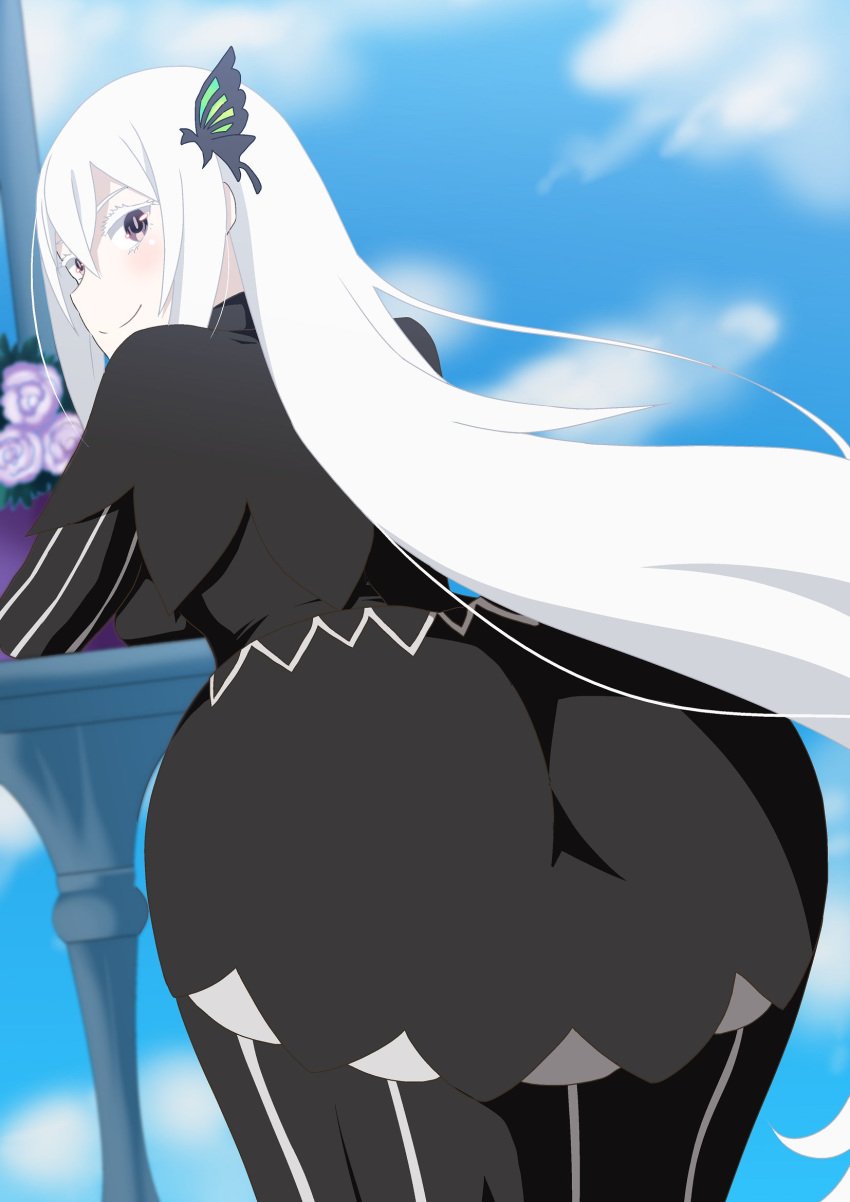 1girls ass breasts butterfly_hair_ornament clothed clothed_female dress echidna_(re:zero) eyebrows female female_focus female_only fully_clothed hara_(harayutaka) hera_(hara0742) huge_ass long_hair looking_at_viewer looking_back photo presenting presenting_hindquarters purple_eyes re:zero_kara_hajimeru_isekai_seikatsu sky smile solo solo_female very_long_hair white_hair