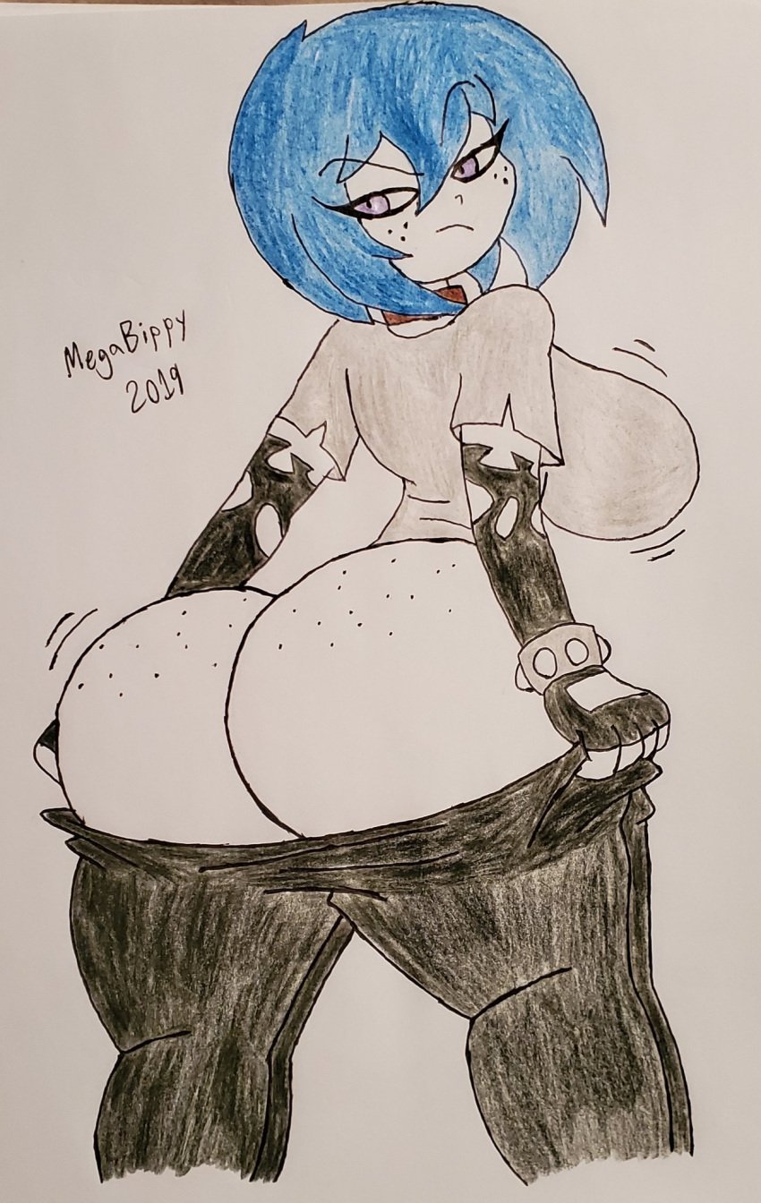 1girls ass big_ass big_breasts breasts female female_only freckles goth huge_ass huge_breasts looking_at_viewer looking_back megabippy mooning pants_down sideboob solo tagme text tiddy_(megabippy) toon wondertaco