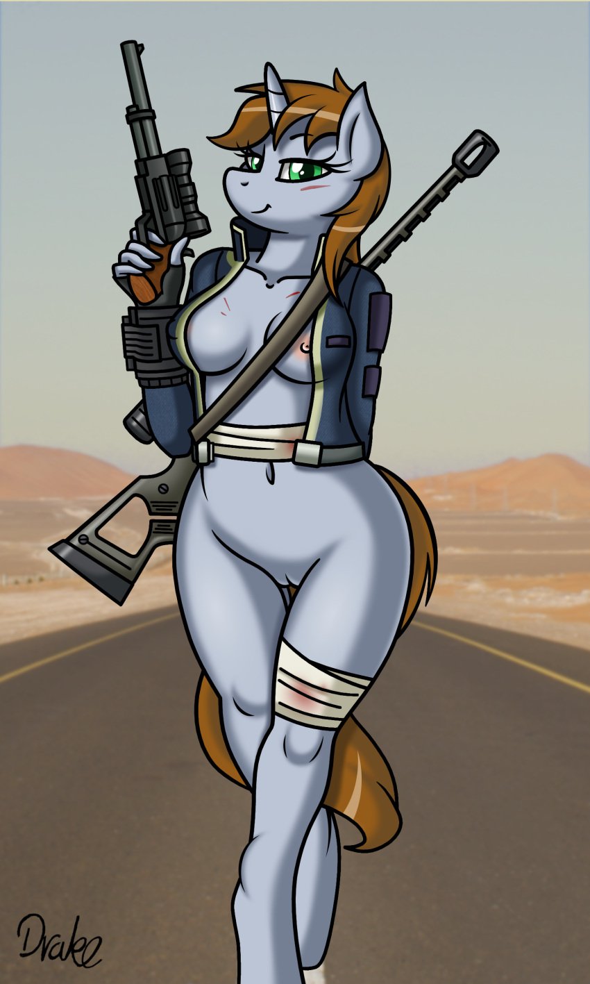 3:5 absurd_res anthro bandage bethesda_softworks blood blue_body blue_fur bodily_fluids breasts brown_hair clothed clothing crossover drako1997 equid equine fallout fallout_equestria fan_character female fluffy fluffy_tail friendship_is_magic fur genitals green_eyes gun hair handgun hasbro hi_res holding_object holding_weapon horn horse littlepip mammal my_little_pony nipple_outline nipples original original_character partially_clothed pony pussy ranged_weapon revolver rifle scar smile solo video_games weapon