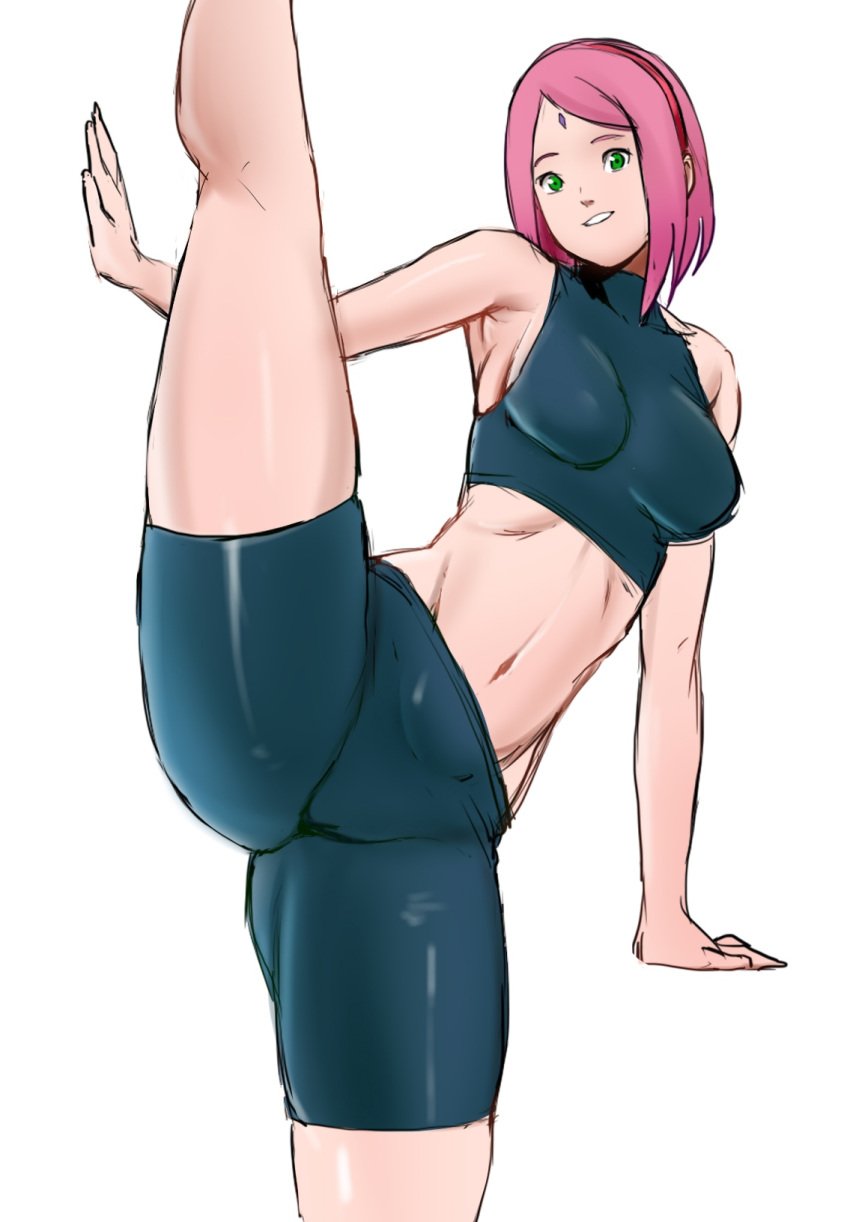 armpits bike_shorts boruto:_naruto_next_generations green_eyes medium_breasts milf naruto navel one_leg_up pink_hair sakura_haruno smile sports_bra zeros