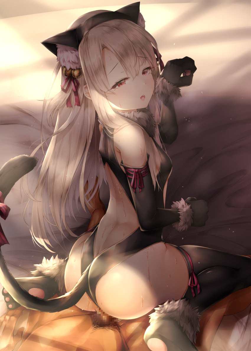 1boy 1girls animal_ears ass bangs bare_shoulders bell black_legwear black_leotard blonde_hair blush breasts cat_ears cat_tail censored commentary_request elbow_gloves fake_animal_ears fake_tail fate_(series) female from_behind fur_collar fur_trim gloves hair_bell hair_ornament hair_ribbon hand_up highres illyasviel_von_einzbern indoors jingle_bell leotard long_hair looking_at_viewer male mosaic_censoring open_mouth paw_gloves paw_shoes paws penis red_eyes red_ribbon reverse_cowgirl_position ribbon sex shoes small_breasts solo_focus straddling straight sugiyuu sweat tail tail_ribbon thighhighs vaginal_penetration