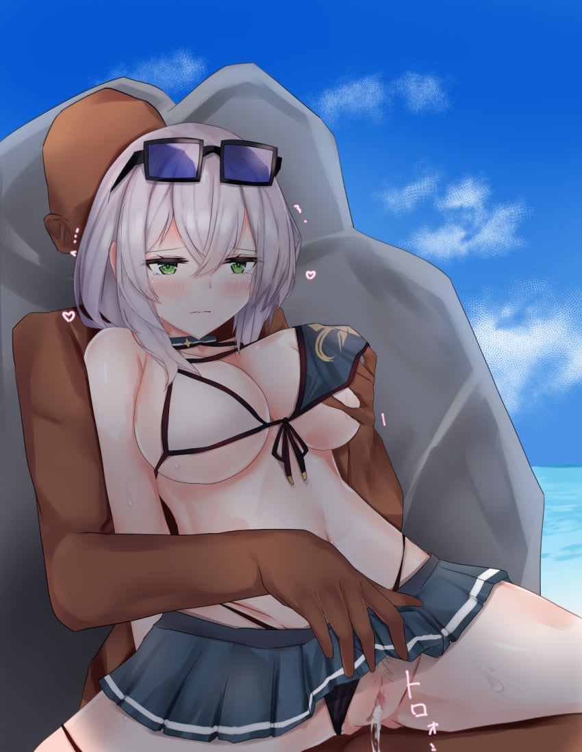 after_sex bikini bikini_aside breast_grab breasts cum cum_drip cum_in_pussy cum_inside dark-skinned_male dark_skin female green_eyes hololive hololive_fantasy hololive_japan large_breasts male pussy shirogane_noel sitting_on_lap skirt skirt_lift stealth_sex straight sunglasses sunglasses_on_head tikuwazyousyou virtual_youtuber white_hair