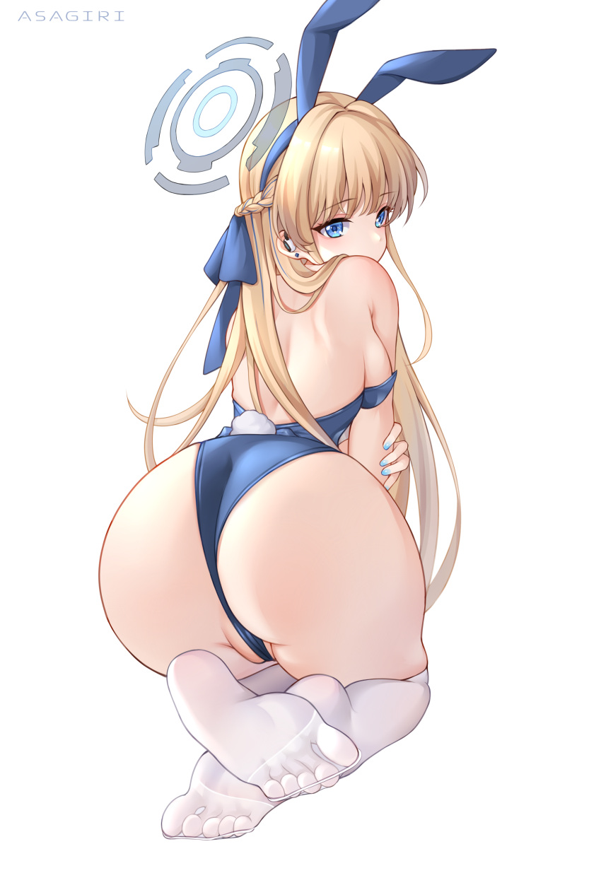 1girls absurdres animal_ears aqua_bow aqua_bowtie asagiri_ai ass big_ass blonde_hair blue_archive blue_eyes blue_leotard bow bowtie breasts bunny_ears bunny_tail dat_ass earpiece fake_animal_ears fake_tail feet halo highres legwear leotard long_hair looking_at_viewer medium_breasts no_shoes official_alternate_costume partially_visible_vulva playboy_bunny rabbit_ears rabbit_tail seiza soles solo stockings strapless strapless_leotard tail thighhighs toes toki_(blue_archive) toki_(bunny)_(blue_archive) very_long_hair white_legwear white_stockings white_thighhighs