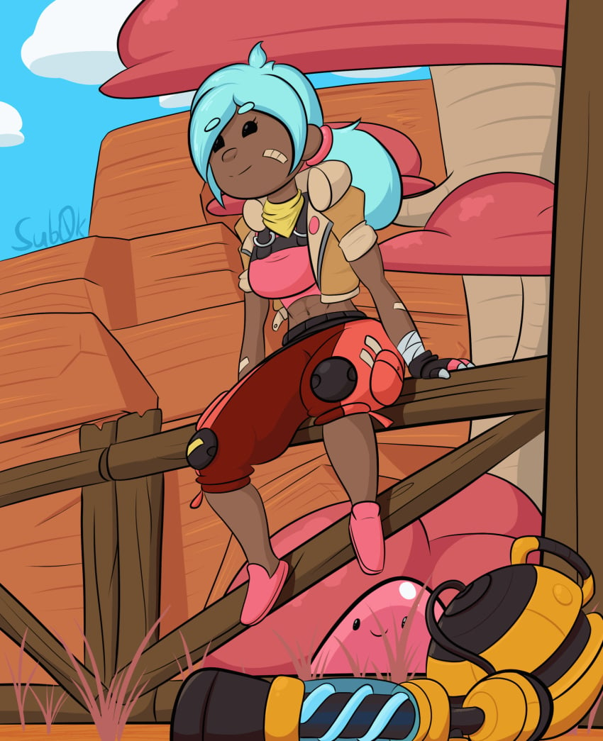 1girls 2020 ambiguous_gender animated bandage beatrix_lebeau_(slime_rancher) blue_hair breasts clothing clouds dark-skinned_female dark_skin detailed_background fence flashing gloves lifting_shirt long_hair nipples open_mouth pink_skin pink_slime_(slime_rancher) ponytail sitting_on_fence slime slime_rancher smile subzerokelvin titty_drop tongue tongue_out tree vacuum_cleaner winking