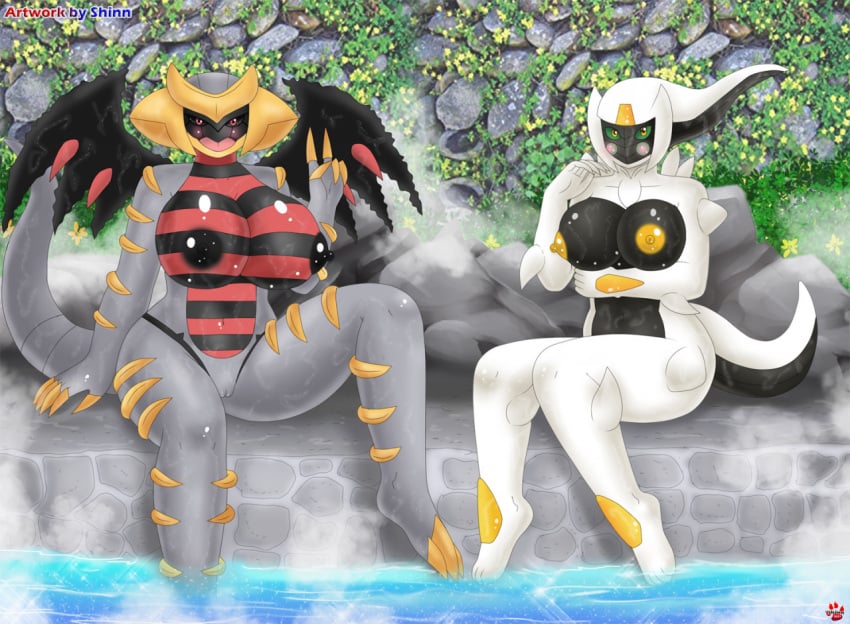 anthro anthrofied arceus blush breasts claws female genitals giratina legendary_pokémon looking_at_viewer nintendo nipples nude pokémon_(species) pokémorph pokemon pussy red_eyes shinn smile video_games wings