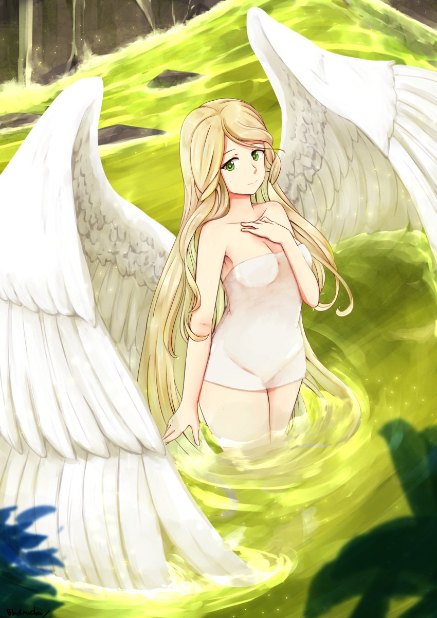 1girls angel angel_wings bare_legs bare_shoulders bath bathing blackmachoo blonde_hair cleavage collarbone fire_emblem fire_emblem:_path_of_radiance green_eyes leanne_(fire_emblem) long_hair looking_at_viewer medium_breasts naked_towel smile solo solo_female thighs towel very_long_hair wings