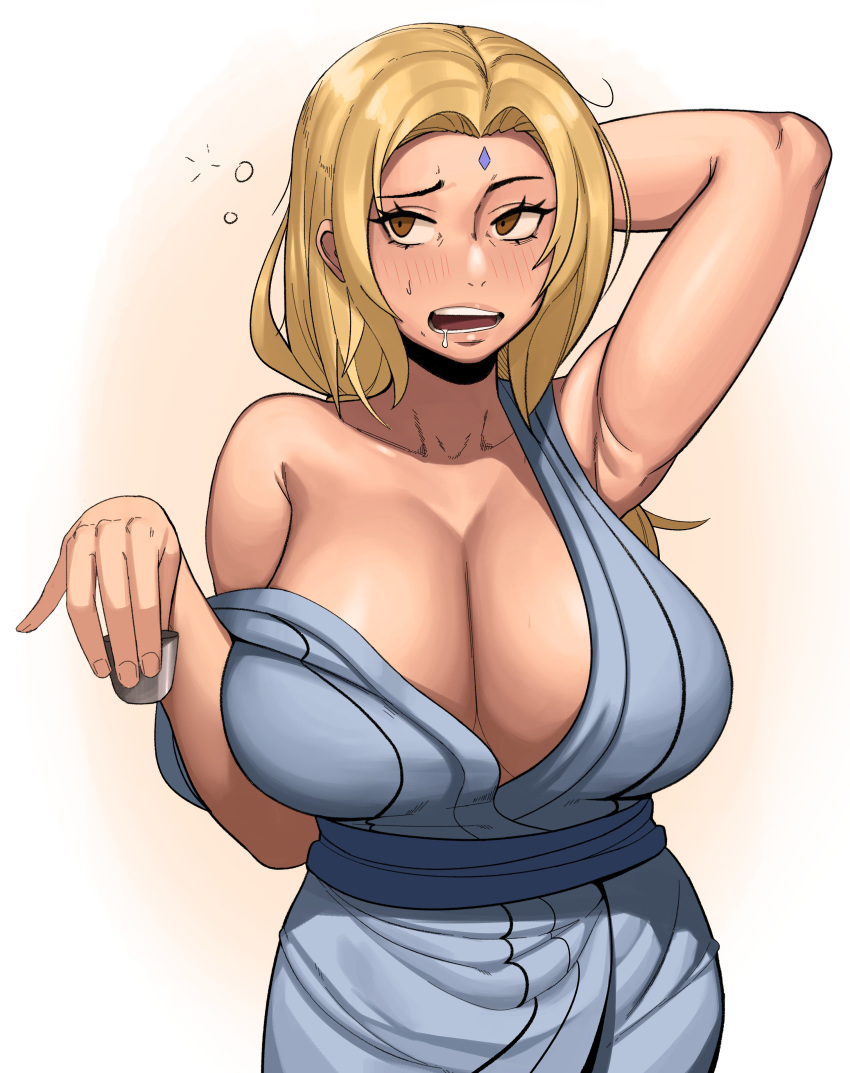 1girls big_breasts blonde_hair blush breasts brown_eyes cleavage clothed drunk female female_only huge_breasts kevbot large_breasts looking_away naruto off_shoulder open_mouth simple_background solo solo_female tsunade