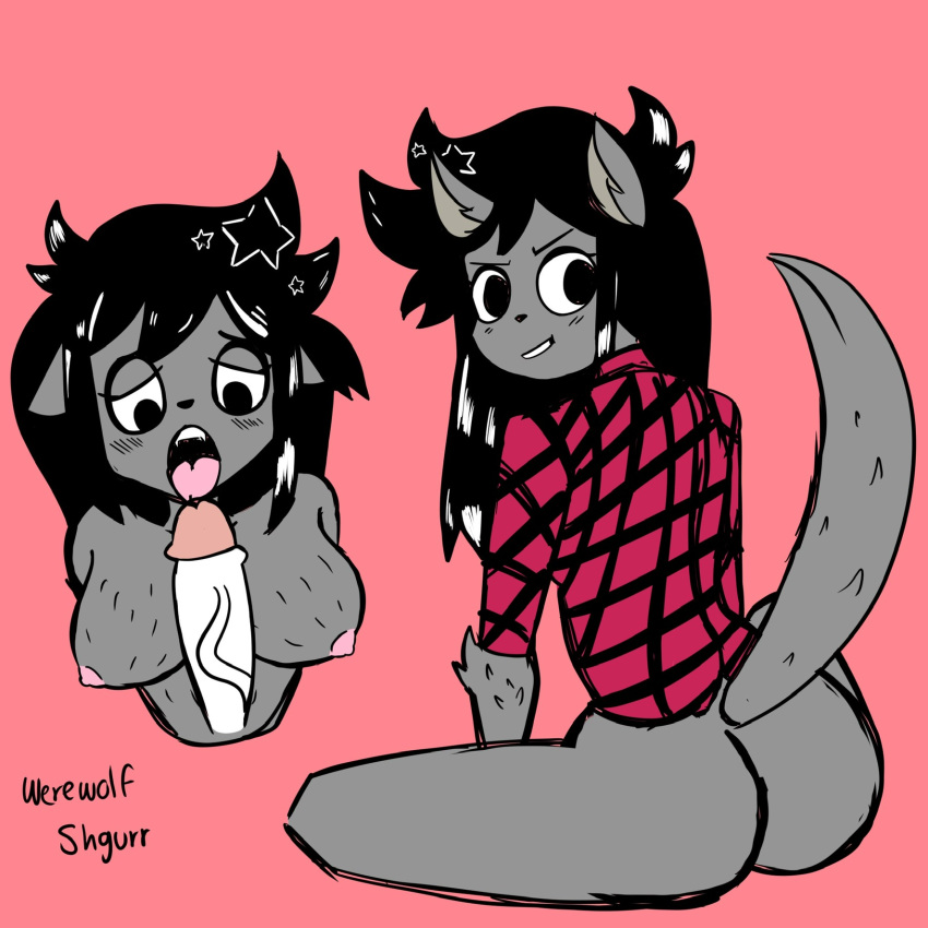 anthro anthrofied ass black_hair bottomless breasts foxz0ne imminent_fellatio imminent_oral monster_girl nude penis shgurr tongue tongue_out werewolf werewolf_girl youtube youtuber