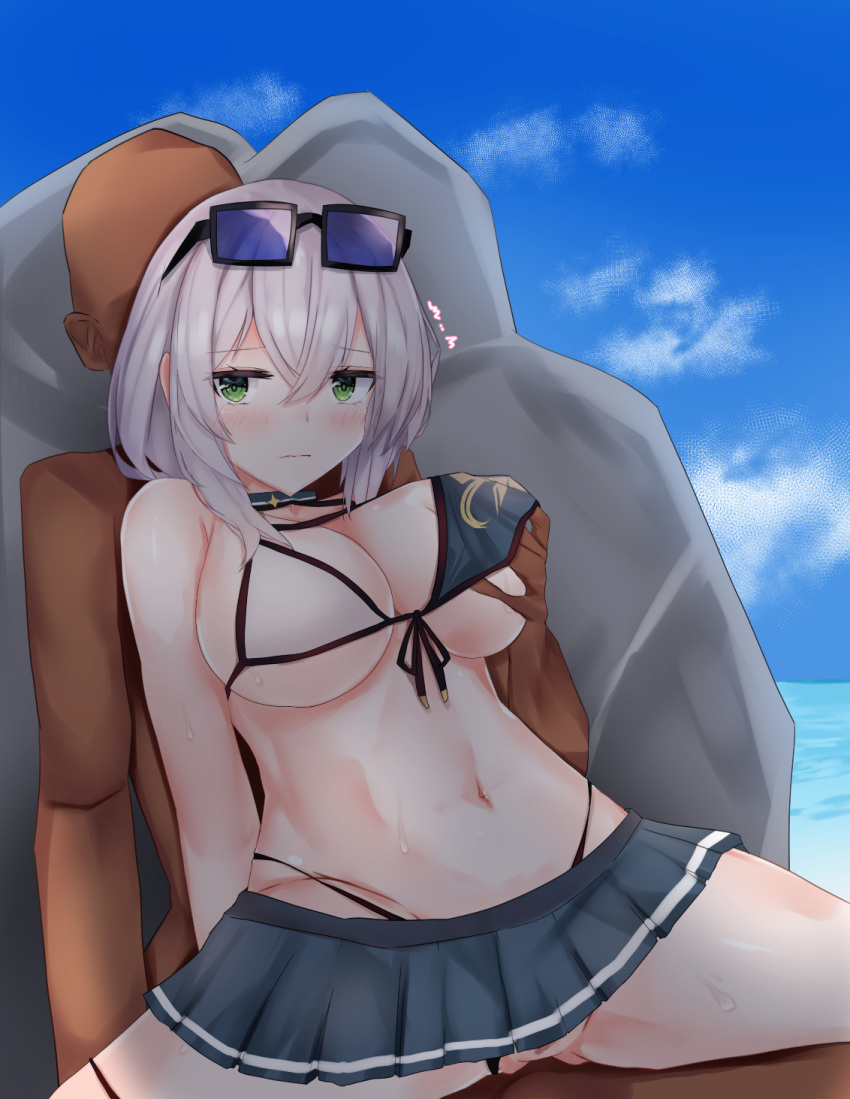 bikini bikini_aside breast_grab breasts dark-skinned_male dark_skin female green_eyes hololive hololive_fantasy hololive_japan large_breasts male pussy pussy_peek shirogane_noel sitting_on_lap skirt stealth_sex straight sunglasses sunglasses_on_head tikuwazyousyou virtual_youtuber white_hair