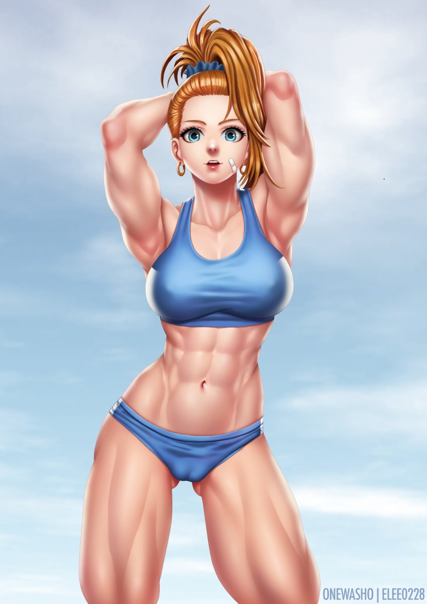 1girls 2020 abs arms_behind_head big_breasts blue_eyes breasts captain_mizuki cleavage earrings elee0228 female female_only large_breasts looking_at_viewer muscles muscular muscular_female one-punch_man onewasho open_mouth orange_hair panties ponytail short_hair solo sports_bra white_skin