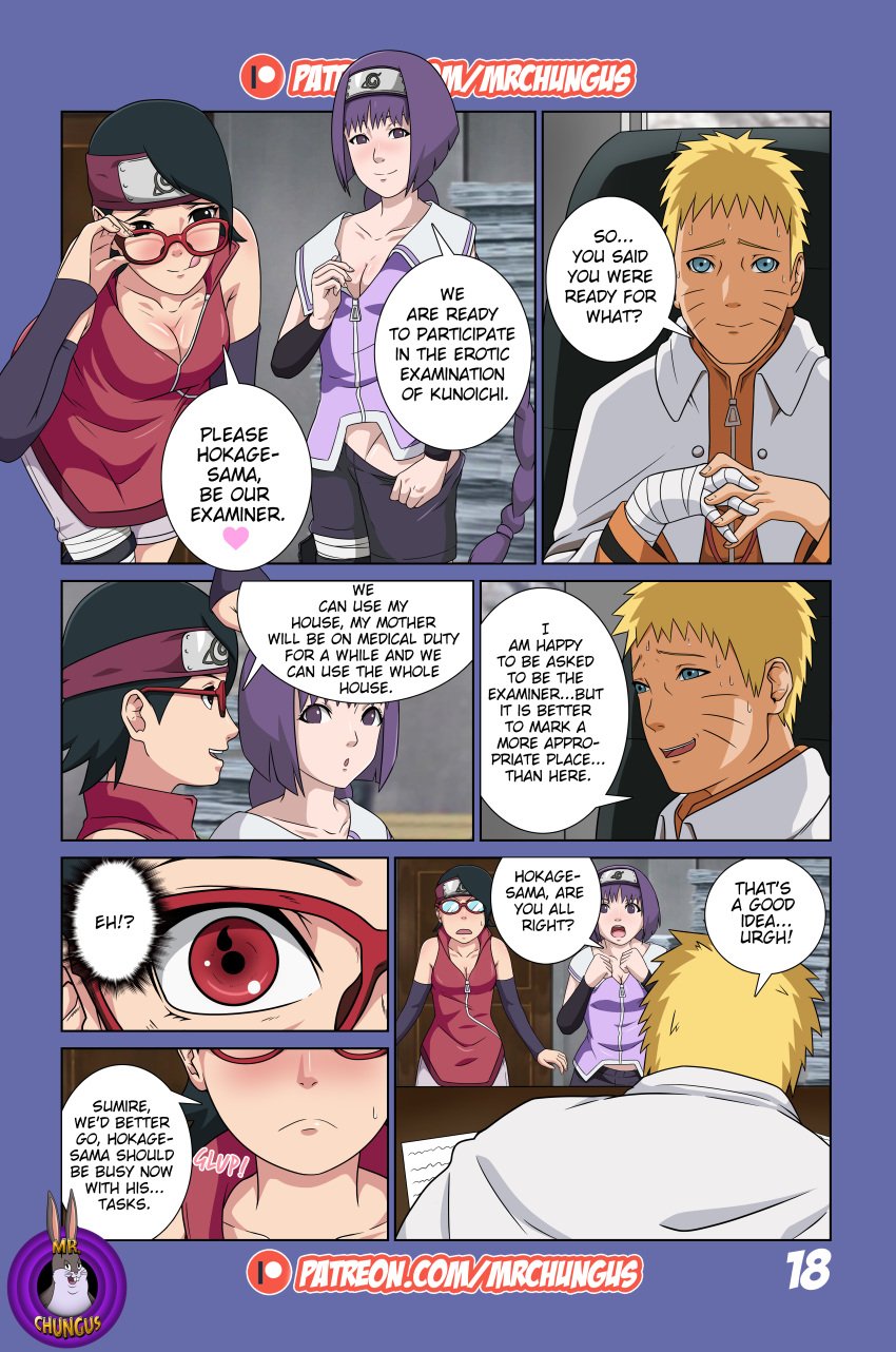 1boy 2girls age_difference boruto:_naruto_next_generations breasts caught caught_in_the_act chapter_1 cleavage comic dialogue english_text female hiding human kakei_sumire male mrchungus multiple_girls naruto naruto_(series) nervous nervous_smile office page_18 right_to_left sarada_uchiha seducing sharingan speech_bubble story talking text under_the_table unzipped uzumaki_naruto worried