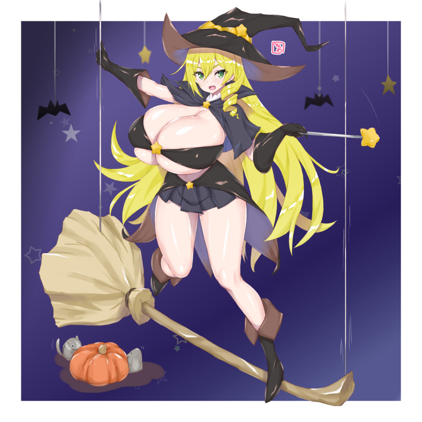 1:1 1girls 2020 absurd_res bare_legs bat bea_(adfhbcf4326) black_gloves blonde_hair boots breasts broom_riding broomstick cape cleavage clothing cosplay drill_hair eating eyebrows_visible_through_hair eyes_visible_through_hair female female_only food gloves green_eyes halloween hat highres holding_object huge_breasts long_hair looking_up miniskirt open_mouth original pleated_skirt pose props pumpkin revealing_clothes scenery shadow signature skirt solo species_request star star_rod string suspension teeth thighs tongue underboob very_long_hair white_border witch witch_hat