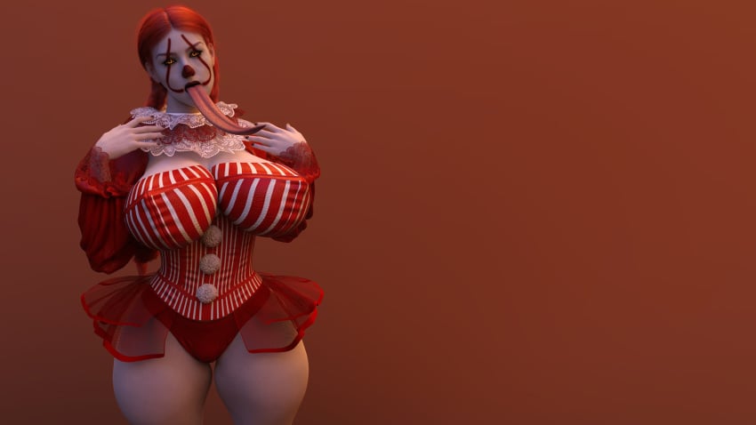 3d 4k big_breasts clown clown_girl clown_makeup eromd ginger_hair gradient_background long_tongue pennywise presenting rule_63 thick_thighs wallpaper