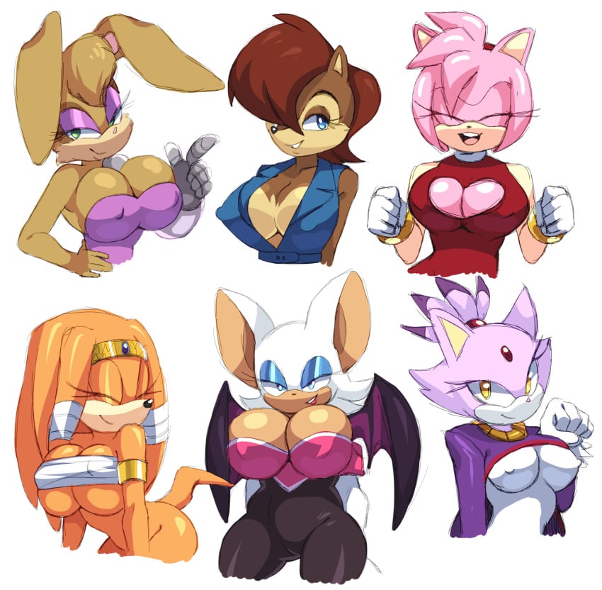 2d 6girls amy_rose anthro archie_comics big_breasts blaze_the_cat blue_eyes bodysuit breasts bunnie_rabbot chipmunk chiropteran cleavage cleavage_cutout closed_eyes clothed clothing color domestic_cat dress echidna eulipotyphlan eyelashes eyeshadow felid feline felis female female_only forehead_gem fur gem gloves green_eyes ground_squirrel group hair handwear hedgehog hi_res jewelry lagomorph looking_at_viewer makeup mammal mobian mobian_(species) mobian_bat mobian_echidna monotreme multiple_girls nipple_outline ponytail rodent rouge_the_bat sally_acorn sciurid sega shirt shortstack simple_background skinsuit smile sonic_(series) sonic_adventure sonic_adventure_2 sonic_the_hedgehog_(archie) sonic_the_hedgehog_(comics) sonic_the_hedgehog_(series) squish_(artist) tail tight_clothing tikal_the_echidna topwear under_boob vest white_background yellow_eyes