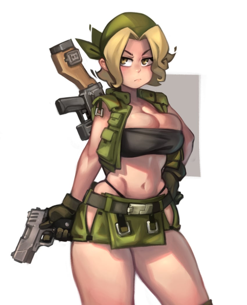 1girls bandana bangs belt belt_buckle beltskirt big_thighs black_panties black_thong blonde_hair blush cleavage cleavage_overflow curly_hair eri_kasamoto female female_focus female_only frown glove gloved gloves gun hand_on_hip handgun highres hips holding_object holding_weapon kelvin_hiu knee_pads light-skinned_female light_skin looking_away metal_slug midriff navel no_bra pocket pockets revealing_clothes short_hair simple_background snk stomach thick_thighs thong tubetop tummy vest weapon weapon_on_back weapons white_background wide_hips yellow_eyes