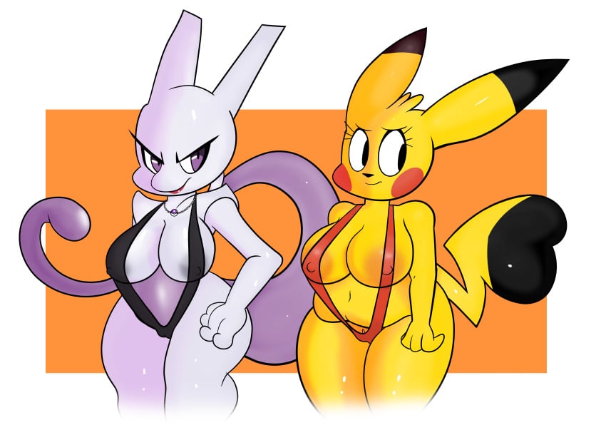 2020 2girls absurd_res alternate_version_at_source anthro anthrofied bikini blackmore breasts clothing cosplay_pikachu felid feline female female_only hi_res jewelry legendary_pokémon mammal mewtwo milftwo multiple_girls necklace nintendo nipple_outline pikachu pokemon pokemon_(species) rodent simple_background sling_bikini standing swimwear tagme thick_thighs variant video_games