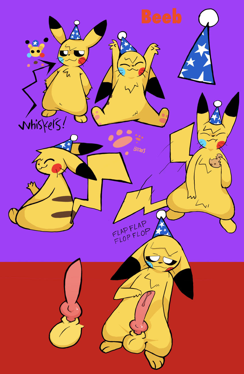 absurd_res anthro bedroom_eyes beeb clothing cookie disembodied_penis food genitals hat headgear headwear hi_res keeb looking_at_viewer male mammal model_sheet murid murine narrowed_eyes nintendo party_hat penis pikachu pokémon_(species) pokemon rodent seductive simple_background solo video_games whiskers