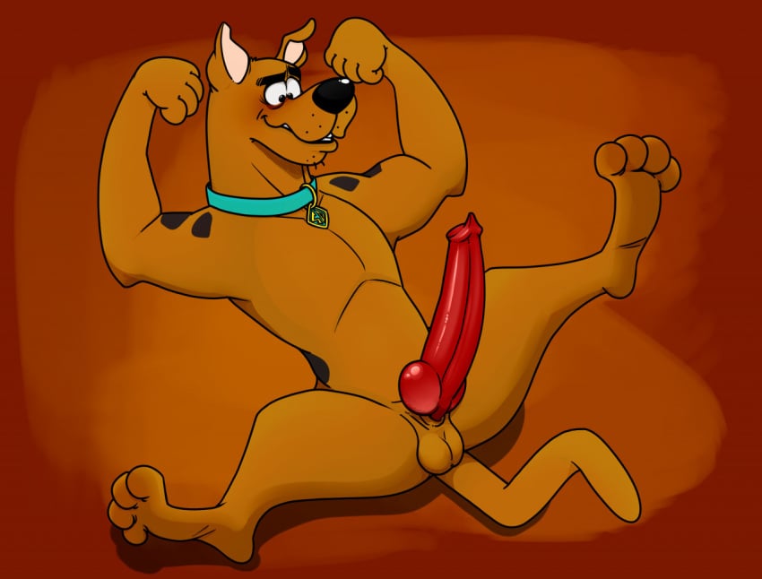 anthro brown_fur canine canine_penis collar dick dog flexing furry hanna-barbera large_penis male male_only neenya penis scooby-doo scooby-doo_(character) solo tail testicles