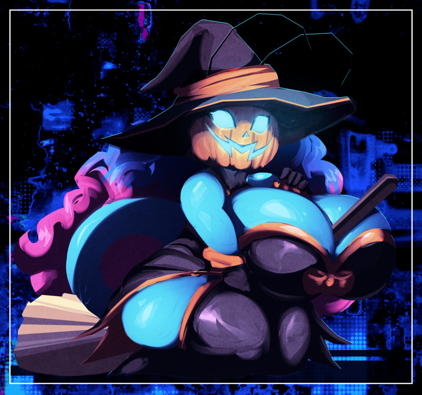 alien_girl antennae anthro big_breasts blue_hair blue_skin curvy dress halloween_costume huge_breasts jack-o'-lantern mirabelle original pink_hair plant_humanoid pumpkin pumpkin_head riendonut thighhighs wide_hips witch witch_hat