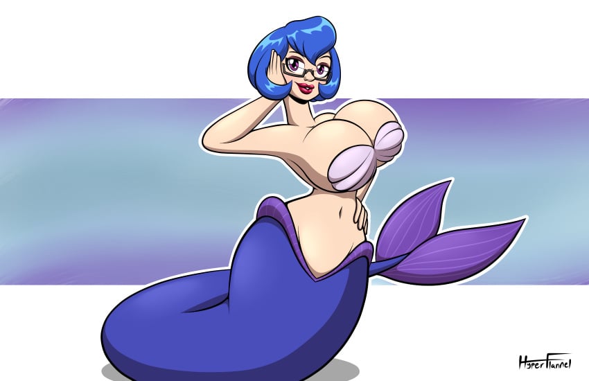 1girls absurd_res big_breasts blue_hair blue_tail blush eyeshadow female female_only glasses hyperflannel lipstick makeup mermaid mermaid_tail pinup png pose posing purple_eyes shell_bra short_hair signature solo ziira_(ix)