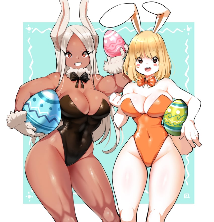 2girls animal_ears animal_tail anthro bangs bare_shoulders big_breasts blonde_hair blue_background blush bow bowtie breasts brown_eyes bunny_ears bunny_girl bunny_tail bunnysuit carrot_(one_piece) cleavage clenched_teeth clothing crossover curvy dark-skinned_female dark_skin duo easter easter_egg eggs eyebrows_visible_through_hair eyelashes female female_focus female_only fringe furry gloves grin highres hips holding holding_object human kenron_toqueen lagomorph large_breasts long_hair looking_at_viewer medium_hair mink_tribe miruko multicolored_background muscular muscular_female my_hero_academia navel one_piece open_mouth orange_eyes parted_bangs parted_lips rabbit rabbit_humanoid revealing_clothes rumi_usagiyama shiny_skin silver_hair simple_background skimpy smile teeth thick_thighs thighs tongue voluptuous white_background white_fur wide_hips