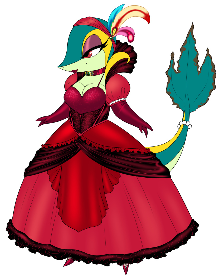 anthro ball_gown beatrice_(ix) beauty_mark cleavage crovirus dress eyelashes eyeshadow female game_freak gloves headdress jewelry lipstick mole_(marking) mole_under_eye opera_gloves pinup pokemon pokemon_(species) red_eyes snivy solo