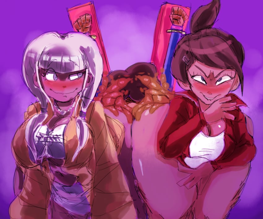 1boy 2_on_1 2girls asahina_aoi bdsm blush clothed danganronpa danganronpa_1 danganronpa_v3 dark_skin facesitting female multiple_girls scat thick_thighs torture yonaga_angie