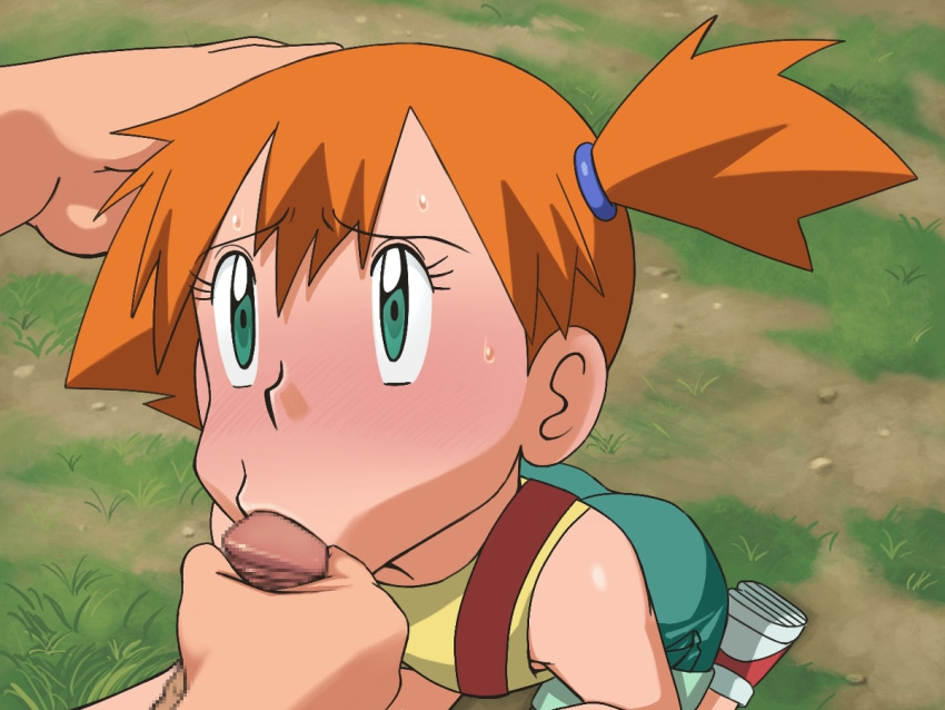 1boy blowjob blush breasts censored clothed clothed_female fellatio female green_eyes hand_on_head kasumi_(pokemon) kneeling male_pov miraa_(chikurin) oral outdoors penis pokemon pov red_hair small_breasts straight sucking sweat young