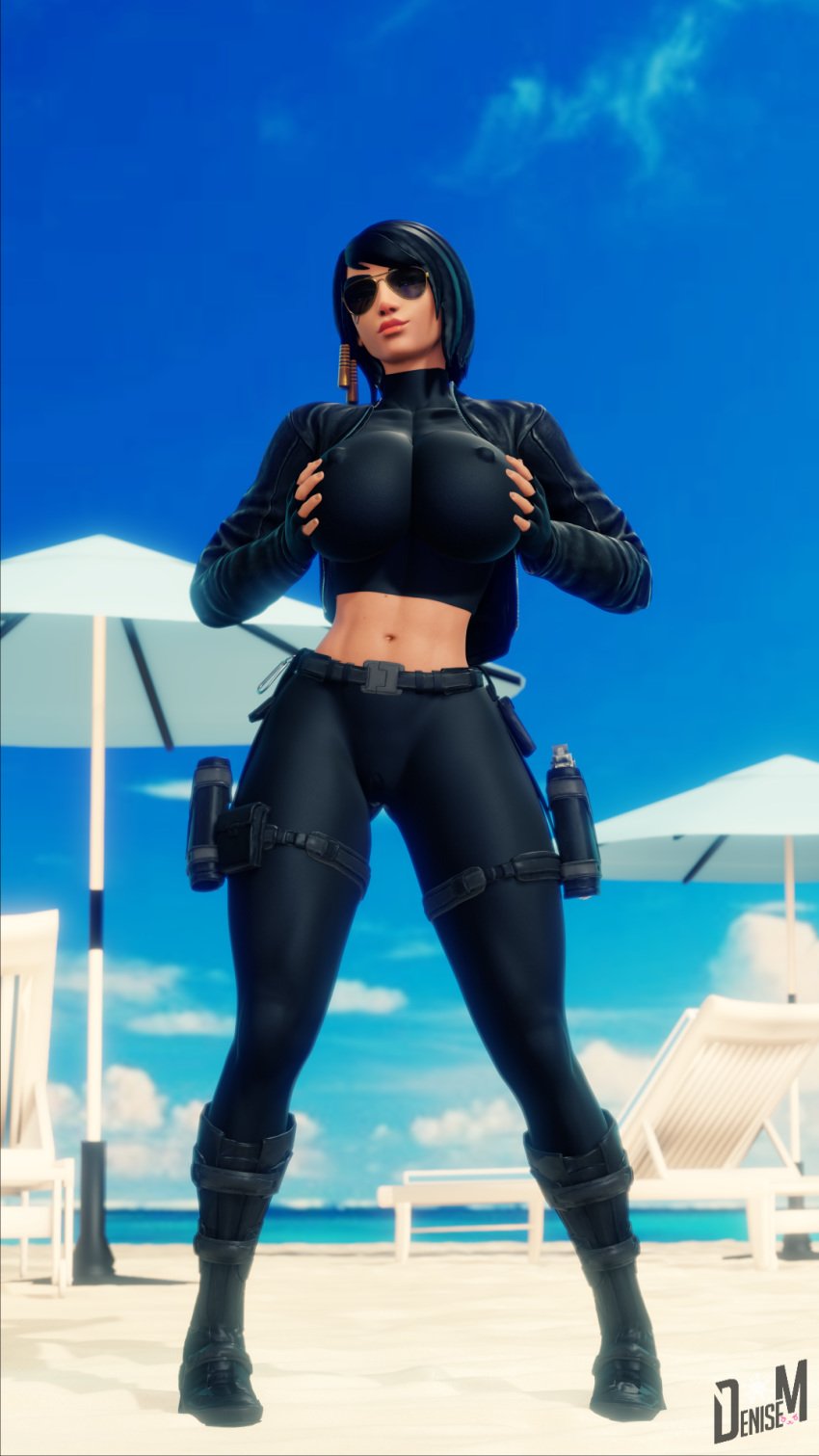 1girls 3d beach big_breasts breast_squeeze cameltoe dark-skinned_female denisem legs nipples_visible_through_clothing overwatch pharah solo solo_female squeezing sunglasses tactical_gear thick_thighs