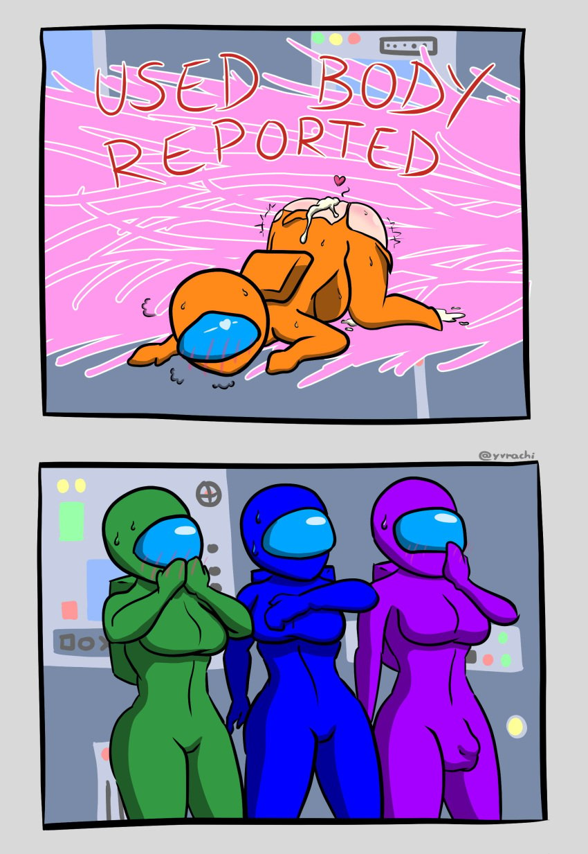 1futa 3girls after_sex ambiguous_penetration among_us blue_(among_us) blush bulge comic cum_inside futa_on_female futanari green_(among_us) heart helmet hi_res implied_rape inflation orange_(among_us) purple_(among_us) spacesuit tight_clothes tight_clothing yvrachi