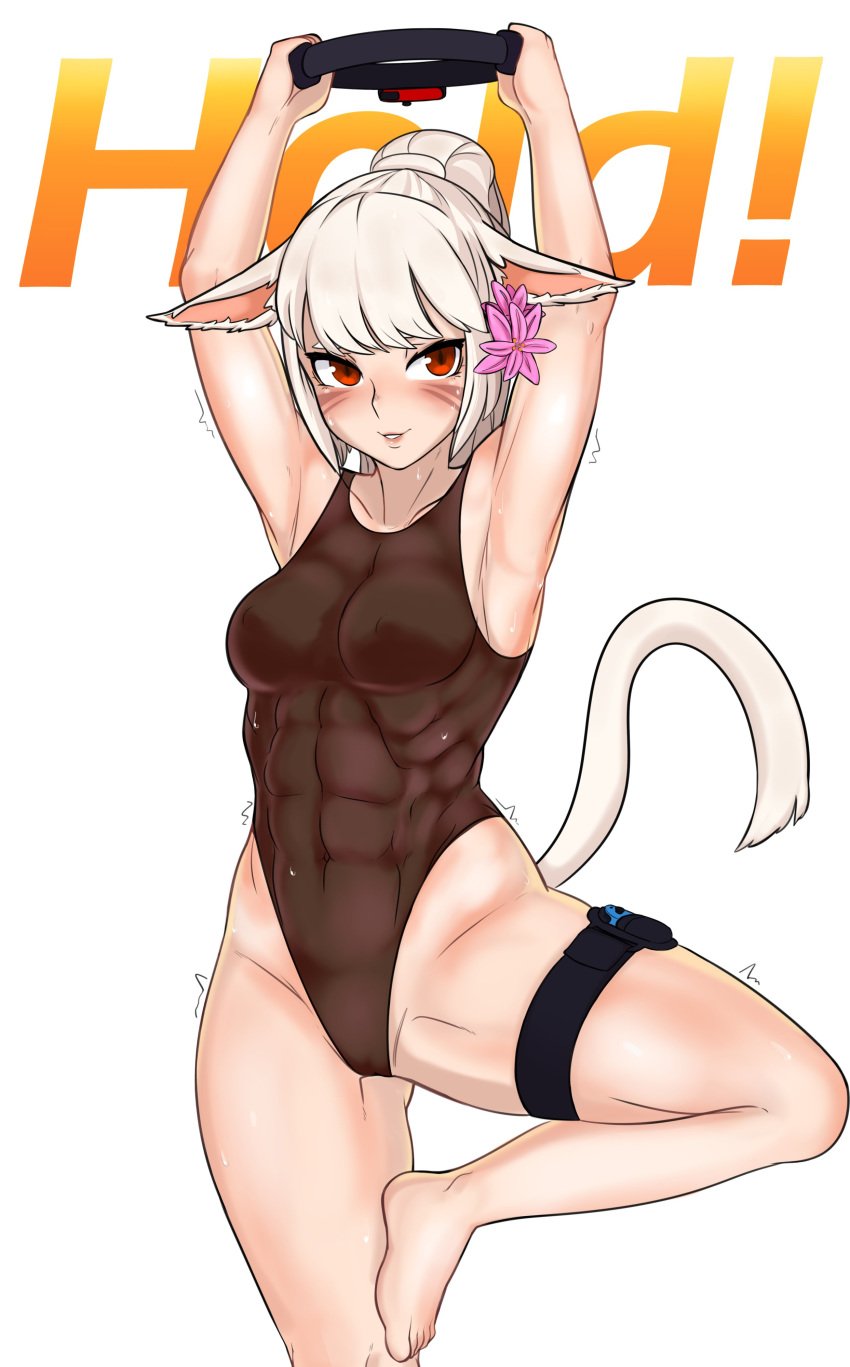 1girls abs animal_ears armpits arms_above_head arms_up bodysuit breasts breasts_visible_through_clothing cameltoe cat_ears cat_girl cat_humanoid cat_tail commission confident electronics facial_mark facial_markings feet female final_fantasy final_fantasy_xiv fit fit_female fitness flower flower_in_hair game_controller gym_clothes hips joycon_controller leg_lift leg_up legs legwear leotard lethe_scheinen long_hair miqo'te muscles muscular_female nipples_visible_through_clothing pilates_ring ponytail red_eyes ring_fit_adventure ringcon_controller shnibbles silver_hair solo sweat tail thick_thighs thigh_gap thighband thighs tight_clothing whisker_markings white_hair wide_hips yoga