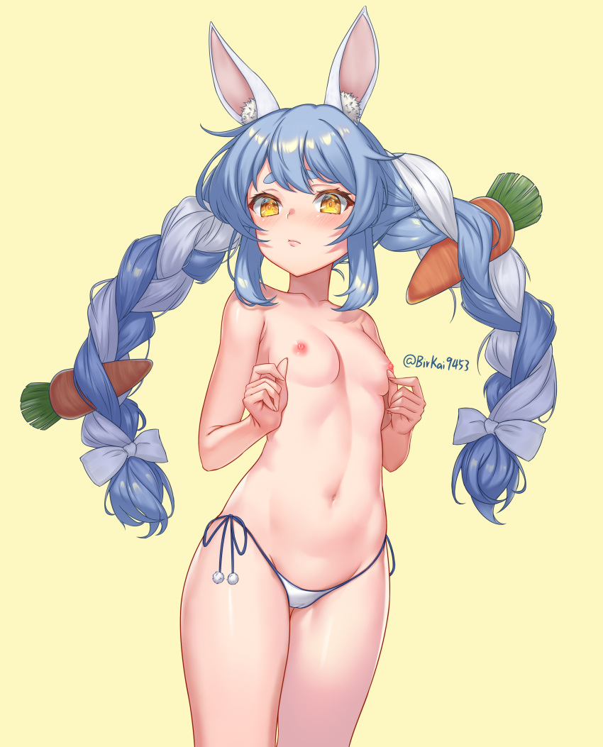 1girls 2d 2d_(artwork) absurdres animal_ear_fluff animal_ears areolae arms bangs bare_shoulders belly belly_button bikini bikini_bottom birkai blue_hair blush boobs braid breasts breasts_out bunny_ears carrot_hair_ornament cowboy_shot exposed_nipples eyebrows_visible_through_hair facing_viewer female female_focus female_only food_themed_hair_ornament front_view hair_ornament hands hands-free hands_up highres hips hololive hololive_fantasy hololive_japan image legs legs_together long_hair looking_at_viewer multicolored_hair navel nipples no_bra petite pink_nipples shoulders side-tie_bikini simple_background small_breasts solo standing stomach swimsuit thighs tits topless twin_braids twitter_username two_tone_hair usada_pekora virtual_youtuber waist white_bikini white_hair yellow_background yellow_eyes