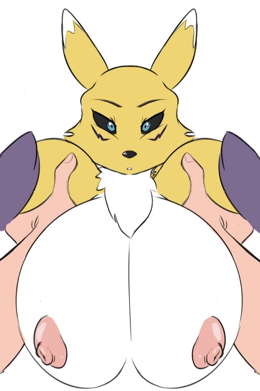 1boy 1girls big_breasts blue_eyes breasts cleavage curvy digimon digimon_(species) furry interspecies looking_at_viewer nipples renamon seii3 simple_background white_background