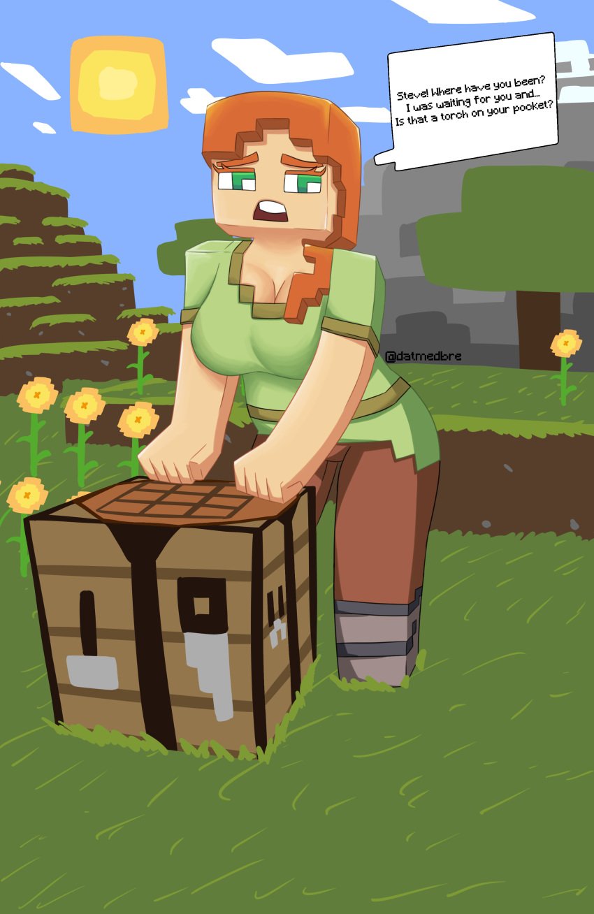 1girls alex_(minecraft) cube_head cubic_body female female_only green_eyes human medbre minecraft orange_hair outdoors pale_skin red_hair redhead square_head