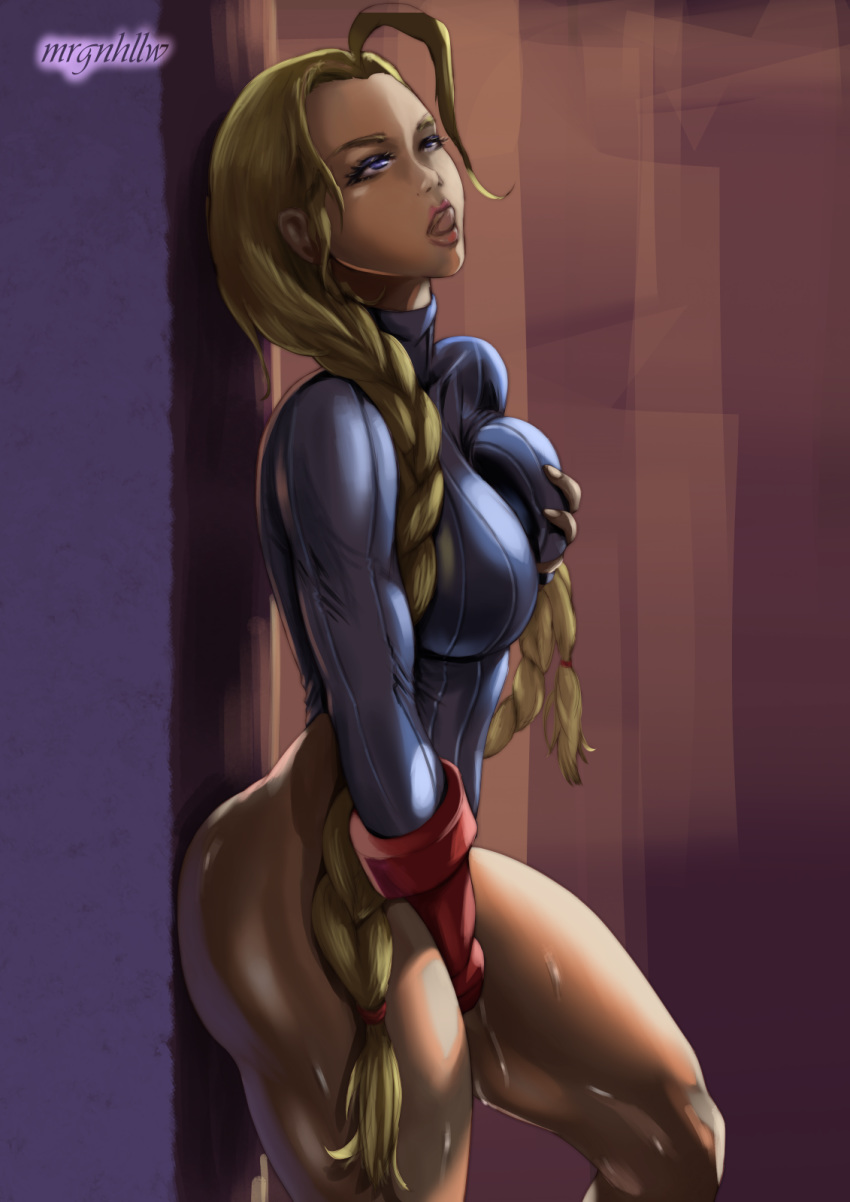 against_wall ahoge alternate_costume between_legs blue_eyes blue_leotard blush braid breast_grab breasts cammy_white capcom clothed_masturbation clothing deep_skin eyelashes female fingerless_gloves forehead gloves grabbing hand_between_legs highres huge_ahoge leotard licking_lips lips lipstick long_hair makeup masturbation medium_breasts morgan_hallow no_hat no_headwear red_gloves ribbed_leotard rolling_eyes self_fondle skin_tight solo street_fighter street_fighter_alpha street_fighter_alpha_3 sweat thick_thighs thighs tongue tongue_out turtleneck_leotard twin_braids very_long_hair