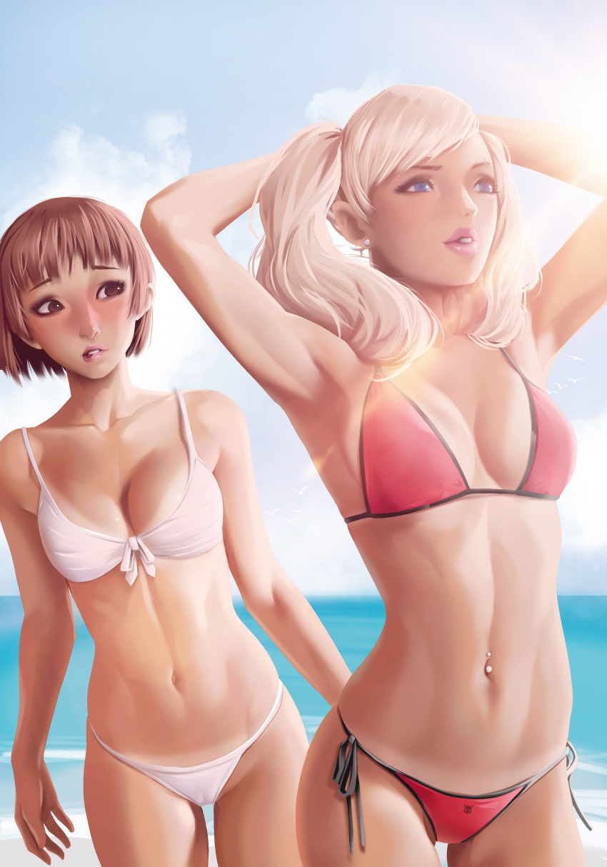 ann_takamaki bikini blonde_hair blue_eyes blush breasts brown_eyes brown_hair cameltoe female female_only human long_hair makoto_niijima medium_breasts navel navel_piercing persona persona_5 see_through short_hair slim thatpersonaguy tied_hair