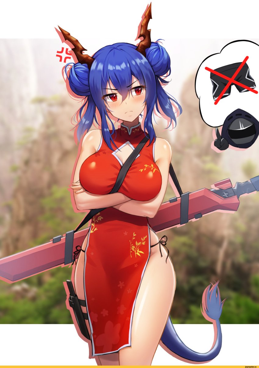 1boy 1girls anger_vein angry arknights bare_arms bare_legs bare_thighs black_panties blue_hair blush breasts ch'en_(arknights) chinese_clothes crossed_arms doctor_(arknights) embarrassed female forced_exposure fully_clothed horns no_pants no_shorts pangjelly panties pants_removed qipao red_dress red_eyes revealing_clothes side-tie_panties sleeveless tail thighs weapon wide_hips