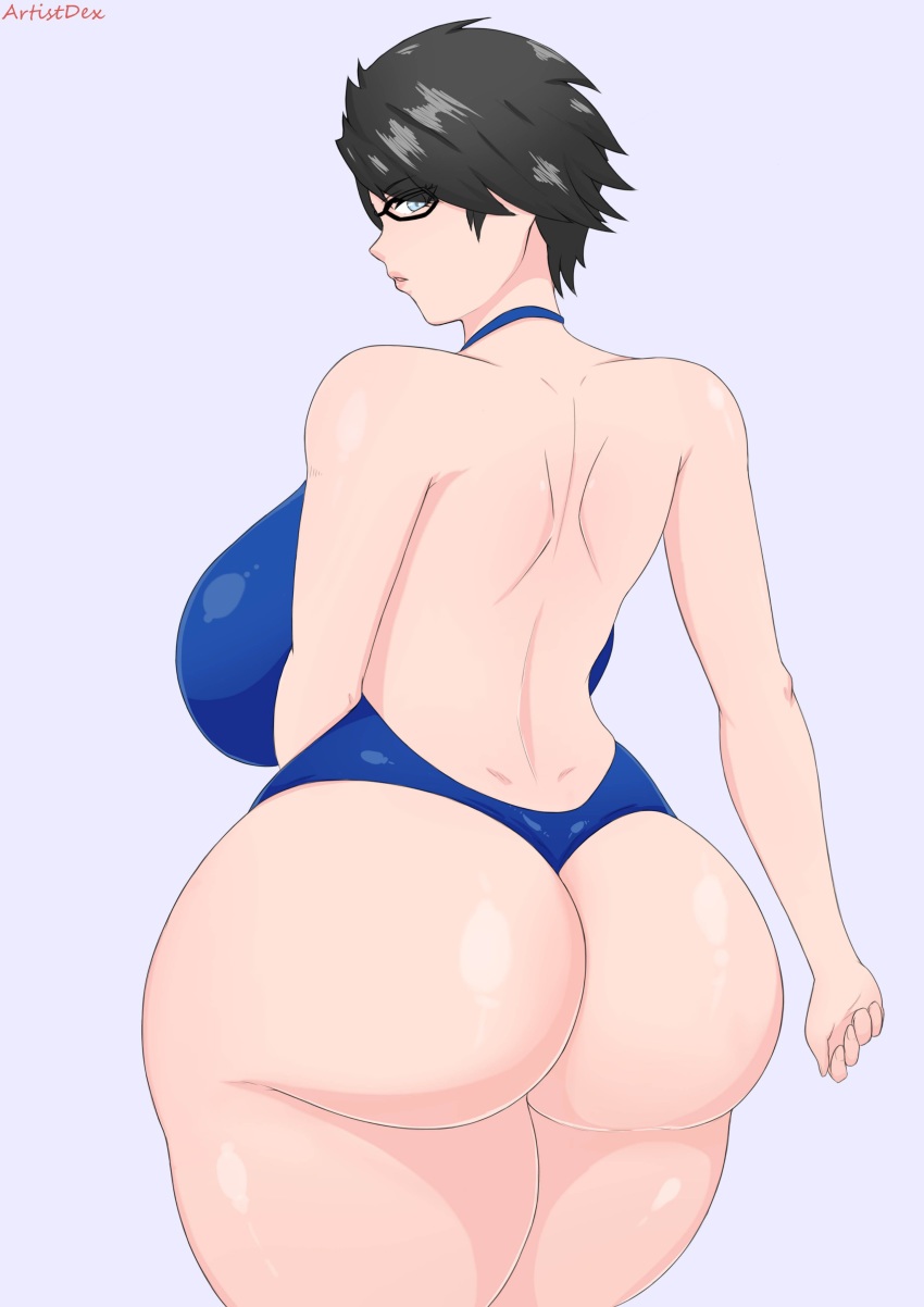 1girls alternate_ass_size alternate_body_type alternate_breast_size artistdex ass back back_view bayonetta bayonetta_(character) bayonetta_2 big_ass big_breasts black_hair breasts eye_contact female female_only female_solo glasses huge_ass huge_breasts large_ass large_breasts looking_at_viewer looking_back short_hair sideboob solo solo_female swimsuit thick_ass thick_thighs thighs wide_hips