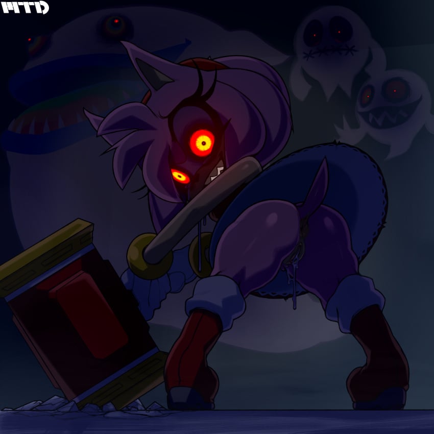 amy_rose anthro anus ass boo_(sonic) bottomless female ghost glowing_eyes hedgehog king_boom_boo leaning_forward looking_at_viewer looking_back male marthedog piko_piko_hammer possessed_amy_rose possession pussy pussy_juice sega sharp_teeth sonic_(series) sonic_the_hedgehog_(series) sonic_x spread_legs tears