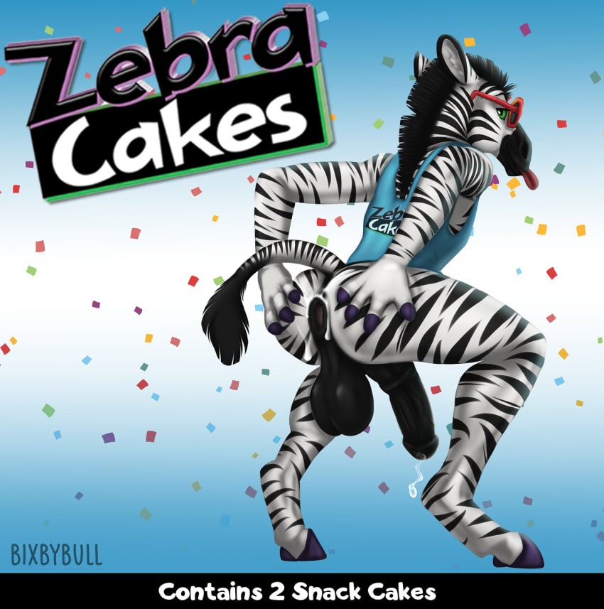 animal_genitalia animal_penis anthro bixbybull bodily_fluids clothed clothing digital_media_(artwork) equid equine erection fur genital_fluids genitals hair hi_res horse looking_at_viewer male male_only mammal nude penis simple_background solo stripes zebra zebra_cake zebra_cakes