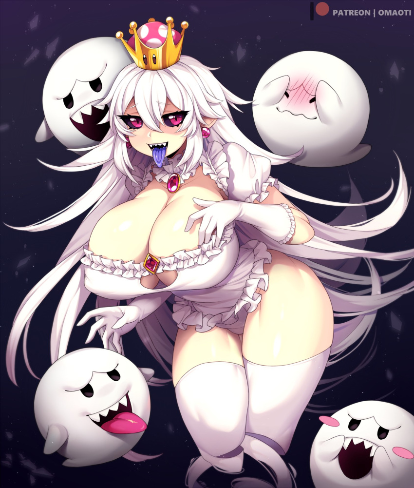 1girls ambiguous_gender big_breasts blush boo_(mario) boosette breasts cleavage clothing covering_face female female_focus ghost ghost_girl gloves huge_breasts long_hair looking_at_viewer luigi's_mansion mario_(series) new_super_mario_bros._u_deluxe nintendo omaoti open_mouth red_eyes simple_background smile thick thick_thighs thighhighs thighs tongue_out very_long_hair watermark white_hair wide_hips