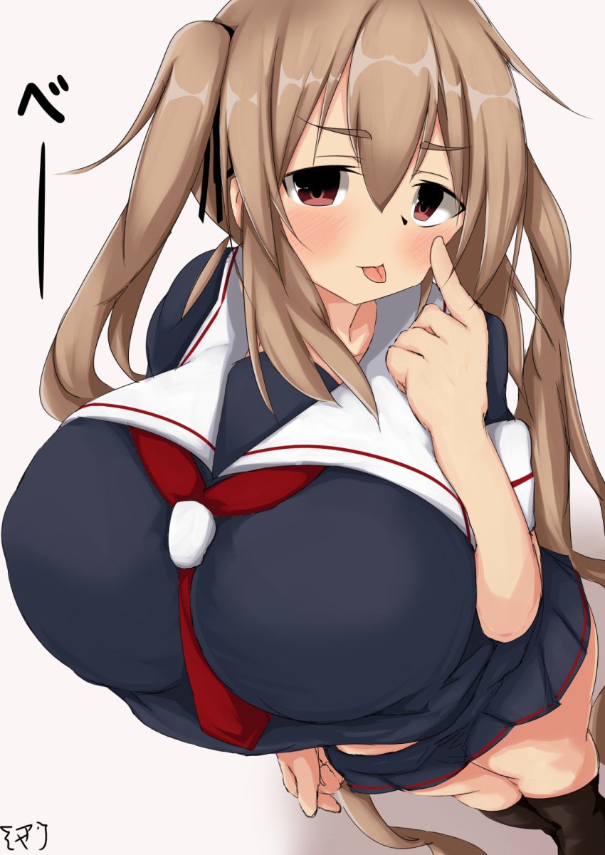 alternate_breast_size aytk023 blonde_hair busty female female_only huge_breasts kantai_collection large_breasts looking_at_viewer murasame_(kantai_collection) school_uniform solo solo_female tagme