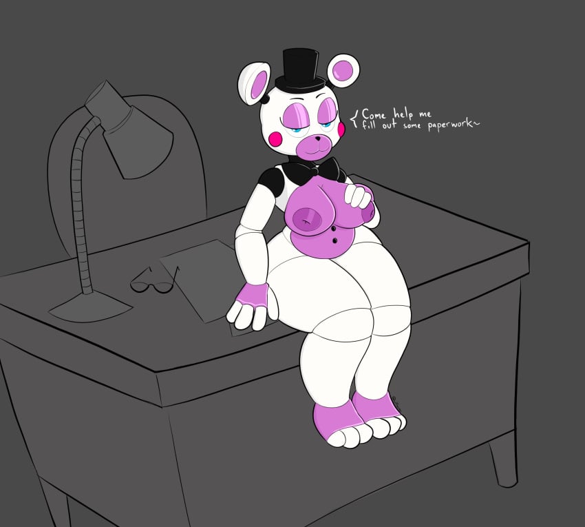 animatronic bowtie dialogue five_nights_at_freddy's freddy_fazbear's_pizzeria_simulator furry helpy looking_at_viewer simple_background sitting sitting_on_desk smug_face solo text