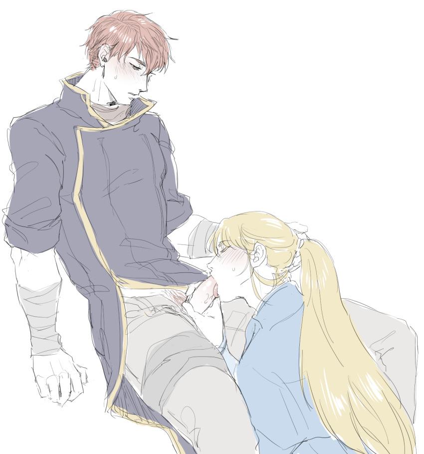 blonde_hair blowjob blush clothed_male fellatio fire_emblem fire_emblem:_the_blazing_blade gay hair_pulled_back kelaruj long_hair lucius_(fire_emblem) male male_only oral penis_out raven_(fire_emblem) red_hair tongue yaoi